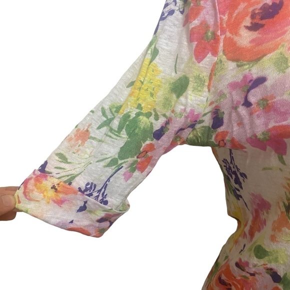 Lauren Ralph Lauren Linen Scoop Neck Multi-Colored Short  Sleeve Floral Top PM - Picture 2 of 5